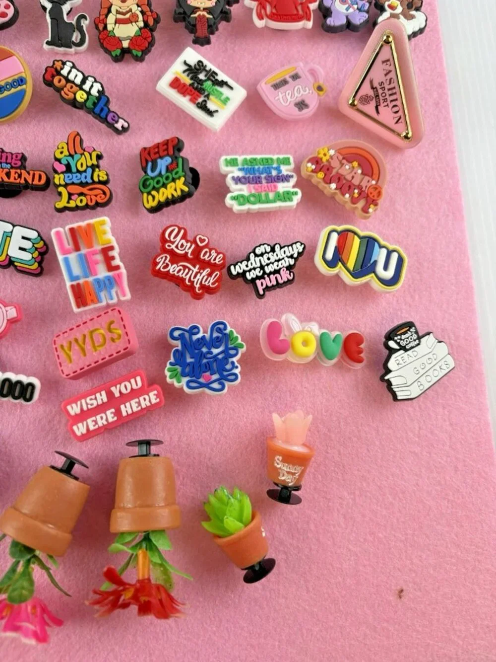 Lot 87pc Mixed PVC Croc Shoe Charms Jibbitz Girl Power Pride Mixed Designs